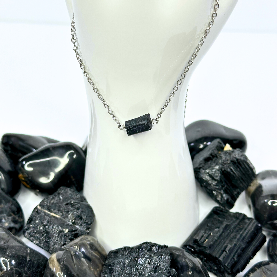 RAW BLACK TOURMALINE NUGGET STAINLESS STEEL NECKLACE