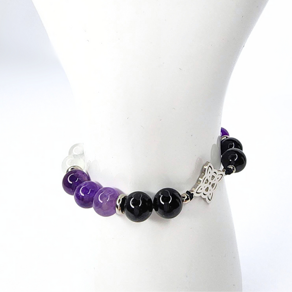 WITCH KNOT TRIPLE PROTECTION (AMETHYST, BLACK TOURMALINE & SELENITE) BEADED MACRAME BRACELET