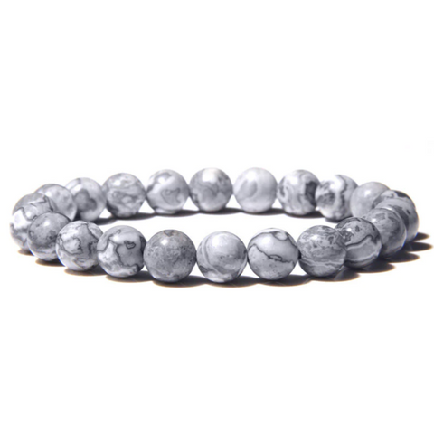 SILVER CRAZY LACE AGATE 7.5MM SMOOTH ROUND STRETCH BRACELET