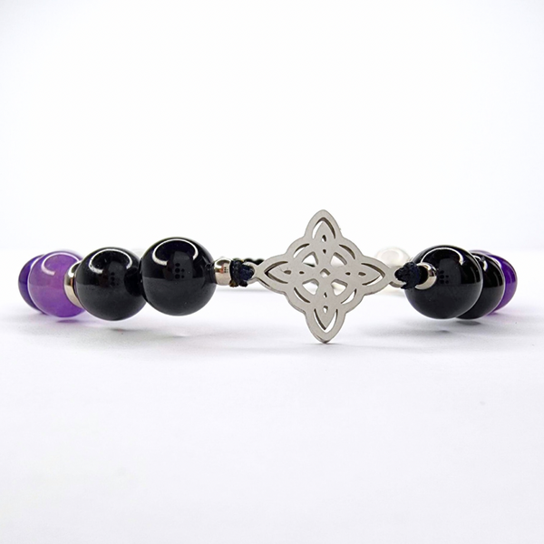 WITCH KNOT TRIPLE PROTECTION (AMETHYST, BLACK TOURMALINE & SELENITE) BEADED MACRAME BRACELET