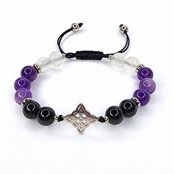 WITCH KNOT TRIPLE PROTECTION (AMETHYST, BLACK TOURMALINE & SELENITE) BEADED MACRAME BRACELET