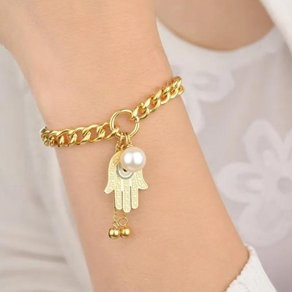 EVIL EYE HAMSA HAND TOGGLE CLASP BRACELET GOLD PLATED STAINLESS STEEL