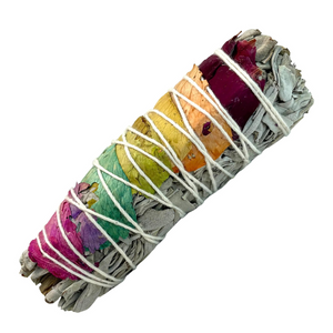 7 CHAKRA WHITE SAGE WITH 7 COLOR ROSE PETALS 4"