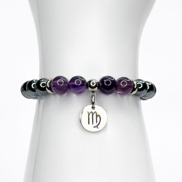 VIRGO ENERGY - LAPIS LAZULI, HEMATITE AND AMETHYST NATURAL STONE BEADS, LOBSTER CLASP + 2 IN. EXTENDER CHAIN STAINLESS STEEL