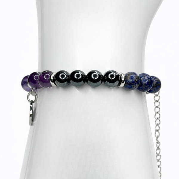 VIRGO ENERGY - LAPIS LAZULI, HEMATITE AND AMETHYST NATURAL STONE BEADS, LOBSTER CLASP + 2 IN. EXTENDER CHAIN STAINLESS STEEL