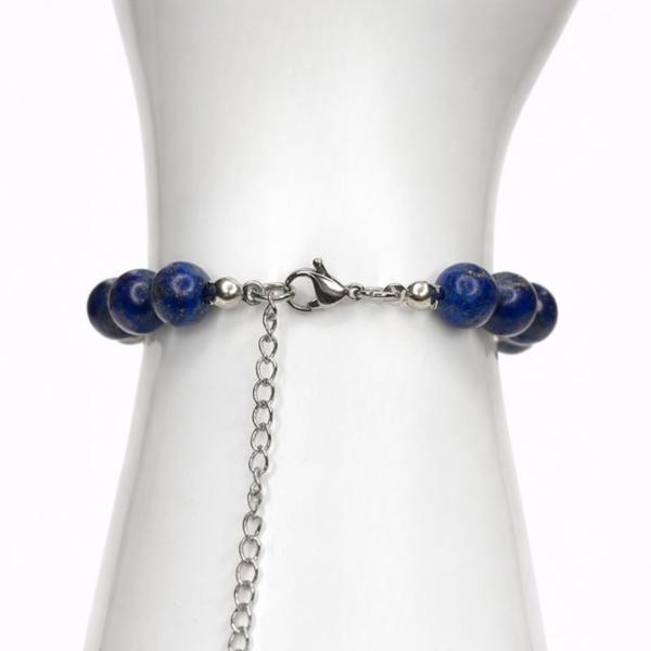 VIRGO ENERGY - LAPIS LAZULI, HEMATITE AND AMETHYST NATURAL STONE BEADS, LOBSTER CLASP + 2 IN. EXTENDER CHAIN STAINLESS STEEL