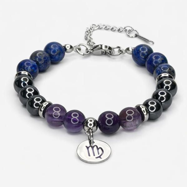VIRGO ENERGY - LAPIS LAZULI, HEMATITE AND AMETHYST NATURAL STONE BEADS, LOBSTER CLASP + 2 IN. EXTENDER CHAIN STAINLESS STEEL