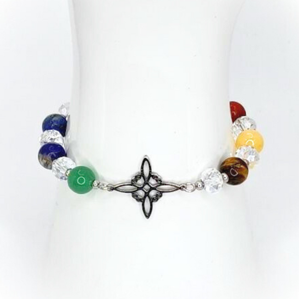 WITCH KNOT SEVEN CHAKRA 8MM SMOOTH ROUND NATURAL STONE COMBINED WITH FACETED RONDELLE GLASS BEADS STAINLESS STEEL ACCENTS