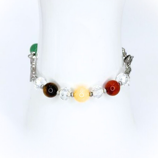 WITCH KNOT SEVEN CHAKRA 8MM SMOOTH ROUND NATURAL STONE COMBINED WITH FACETED RONDELLE GLASS BEADS STAINLESS STEEL ACCENTS