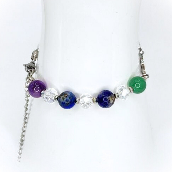 WITCH KNOT SEVEN CHAKRA 8MM SMOOTH ROUND NATURAL STONE COMBINED WITH FACETED RONDELLE GLASS BEADS STAINLESS STEEL ACCENTS