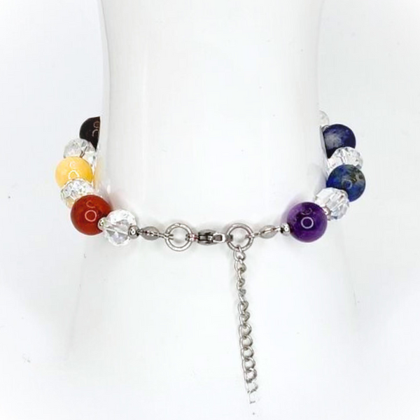WITCH KNOT SEVEN CHAKRA 8MM SMOOTH ROUND NATURAL STONE COMBINED WITH FACETED RONDELLE GLASS BEADS STAINLESS STEEL ACCENTS