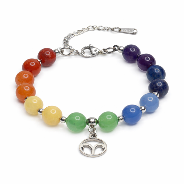 PULSERA DE ACERO INOXIDABLE DE 8 MM CON TURMALINA NEGRA, REDONDA Y LISA DE LOS SIETE CHAKRAS