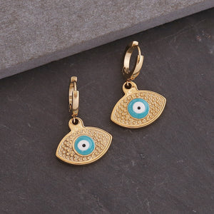 EVIL EYE  DANGLE HUGGIE HOOP EARRINGS GOLD TITANIUM STEEL