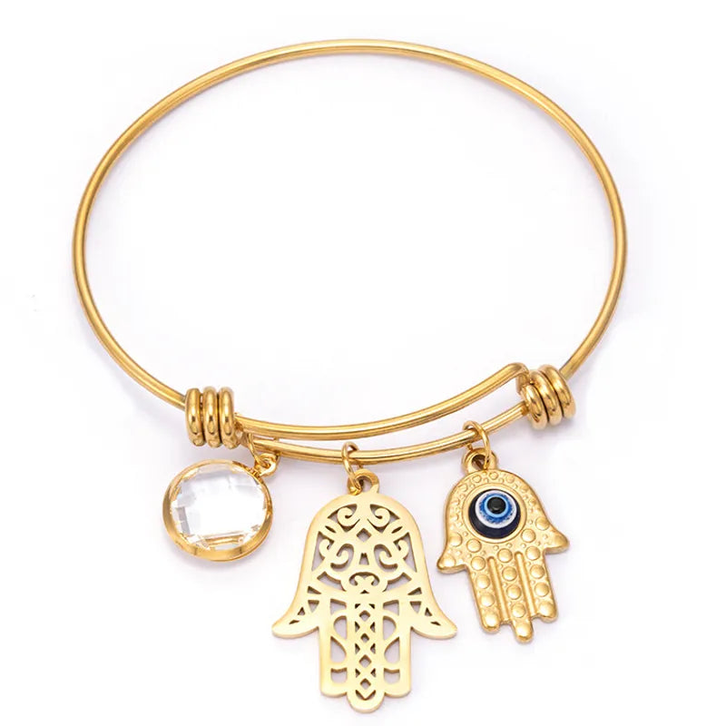 GOLD STAINLESS STEEL EVIL EYE HAMSA CHARM BANGLE