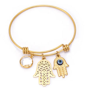 GOLD STAINLESS STEEL EVIL EYE HAMSA CHARM BANGLE