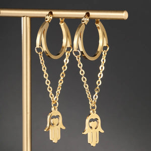 HAMSA HOLLOW OUT DROP EARRINGS STAINLESS STEEL GOLD