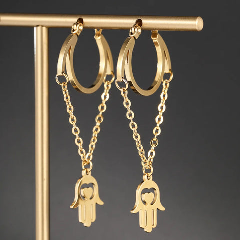 HAMSA HOLLOW OUT DROP EARRINGS STAINLESS STEEL GOLD