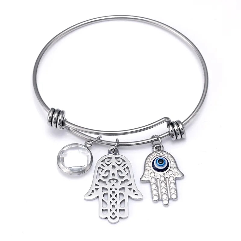 STAINLESS STEEL EVIL EYE HAMSA CHARM BANGLE